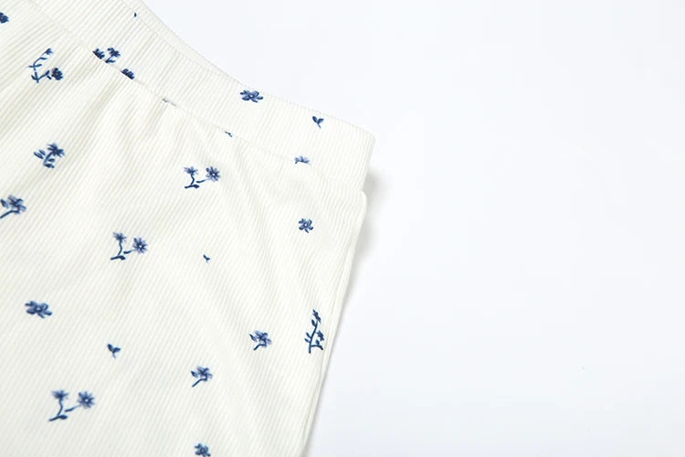 Weird Puss Casual Ribbed 2 Piece Set Women Flower Print Squard Collar Tops+Straight Pants Matching Daily Simple Elegant Suits