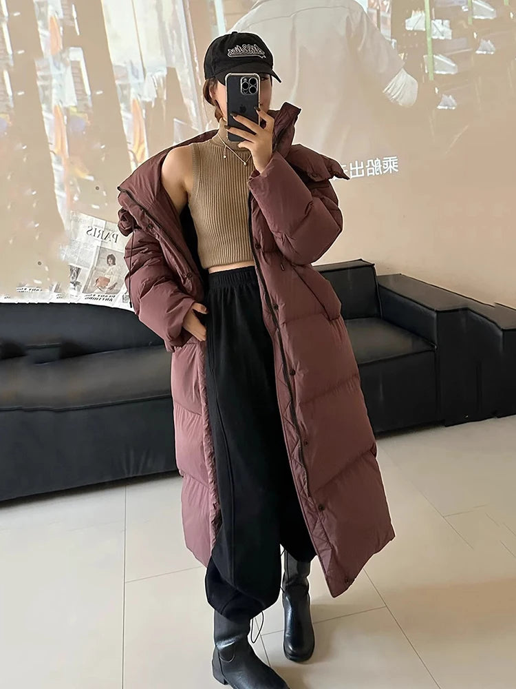 Winter Thick Long Hooded Down Jacket Female Solid Warm Outdoor Parkas Outwears Women White Duck Down Knee Length Down Jackets