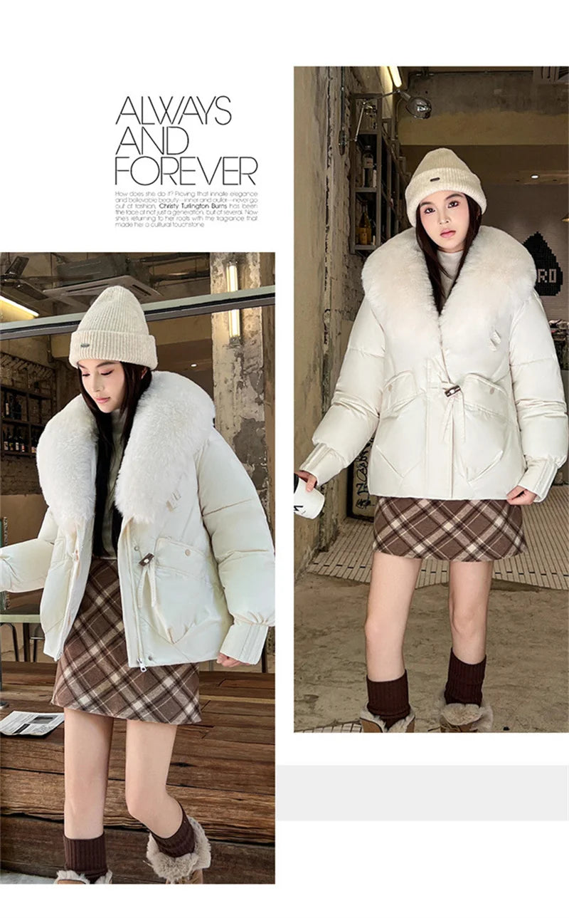 2025 Fashion Big Fur Collar Down Cotton-padded Jacket Women's Short Parkas Winter Streetwear Outerwear Lady Thicken Loose Coats
