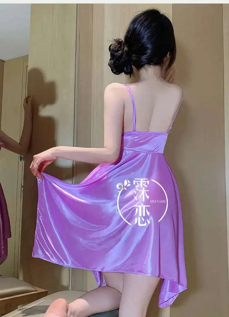 Ice Silk Strap Nightdress Summer Loungewear Mid-Length Nightdress Elegant Lace Sleeveless Couple Mood Uniform Pure Desire ZYAW