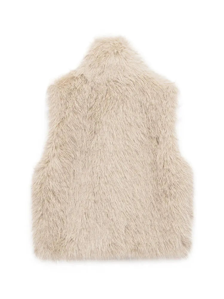 HH Women Elegant Solid Faux Fur Waistcoats Turtleneck Sleeveless Vest Coat Autumn Winter Fashion Hight Street Lady Outfit