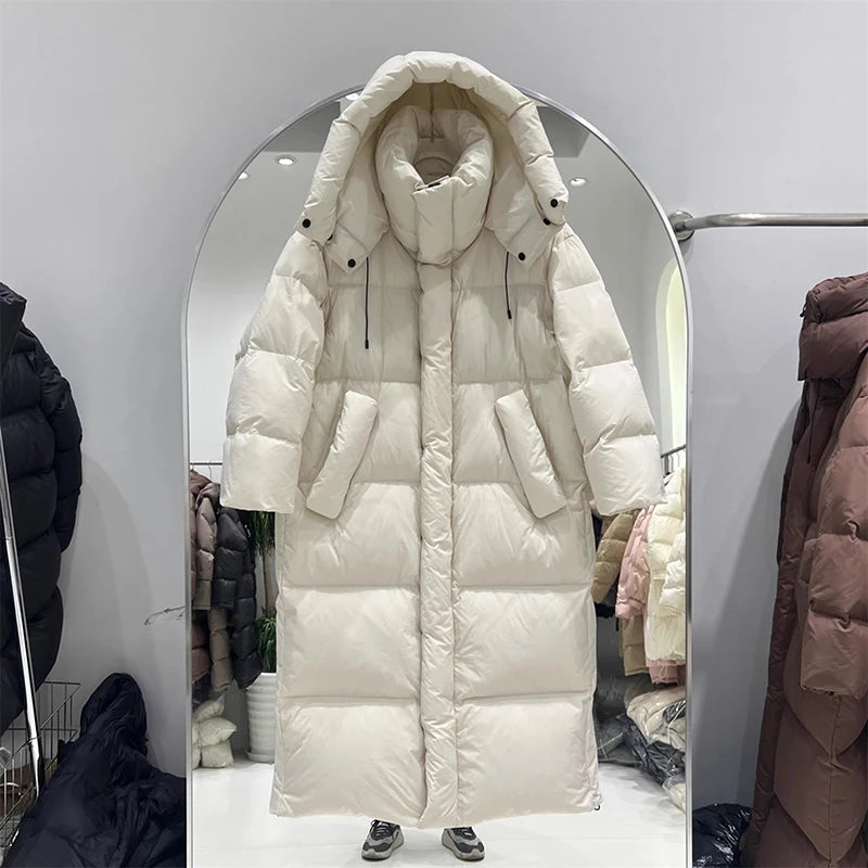Winter Thick Long Hooded Down Jacket Female Solid Warm Outdoor Parkas Outwears Women White Duck Down Knee Length Down Jackets