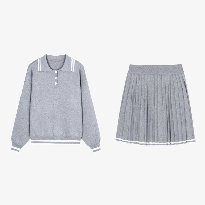 College Style Elegant Sweater Skirt Suit Women Fashion Polo Neck Tops + Pleated Mini Skirt Harajuku Knit Casual Two Piece Suit