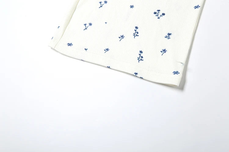 Weird Puss Casual Ribbed 2 Piece Set Women Flower Print Squard Collar Tops+Straight Pants Matching Daily Simple Elegant Suits