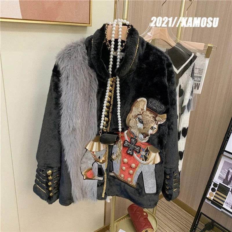 Chic Cartoon Embroidery Faux Mink Fur Faux Leather Spliced Coat Retro Metal Buttons Velvet Jacket OL Furry Cardigan Tops Jaqueta