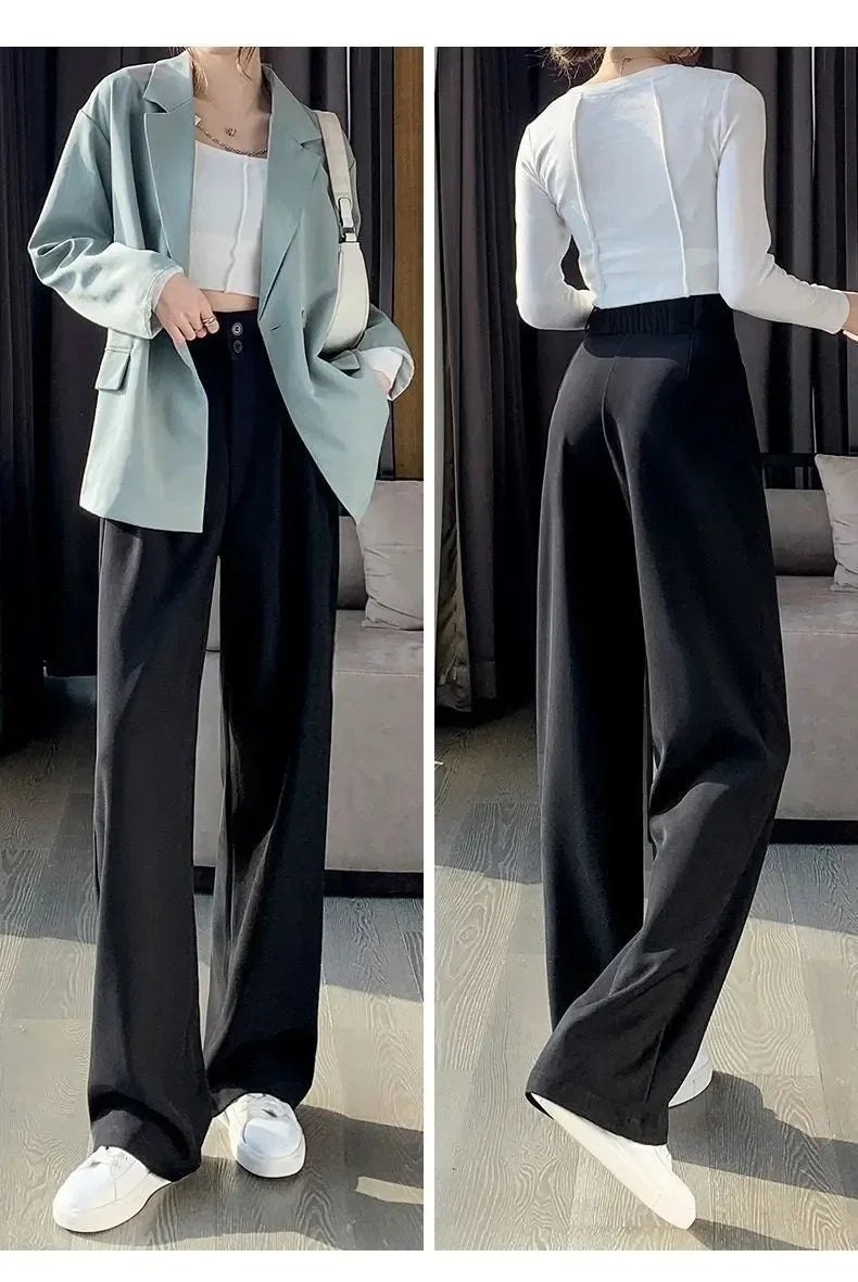 Korean style high waisted black loose pants for office ladies, fashionable loose suit pants for street wear, straight leg pants