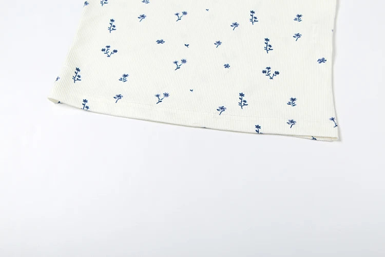 Weird Puss Casual Ribbed 2 Piece Set Women Flower Print Squard Collar Tops+Straight Pants Matching Daily Simple Elegant Suits