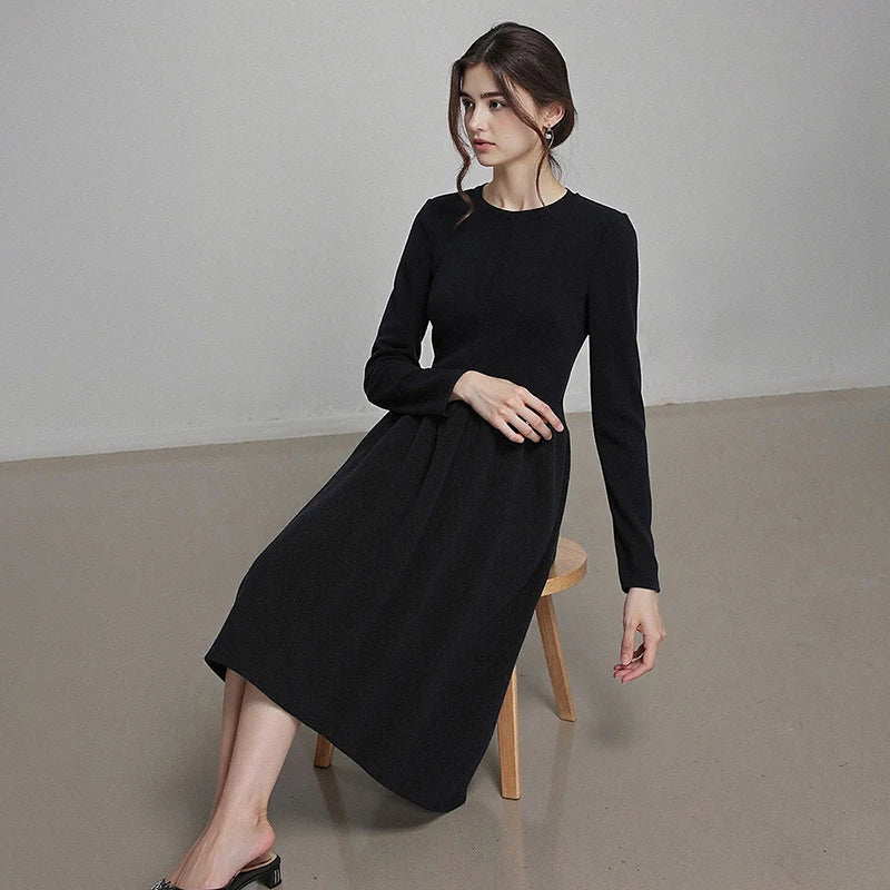 TOYOUTH Women Dresses 2025 Winter New Little Black Dress Spliced Crew-neck Minimalist Base Dresses
