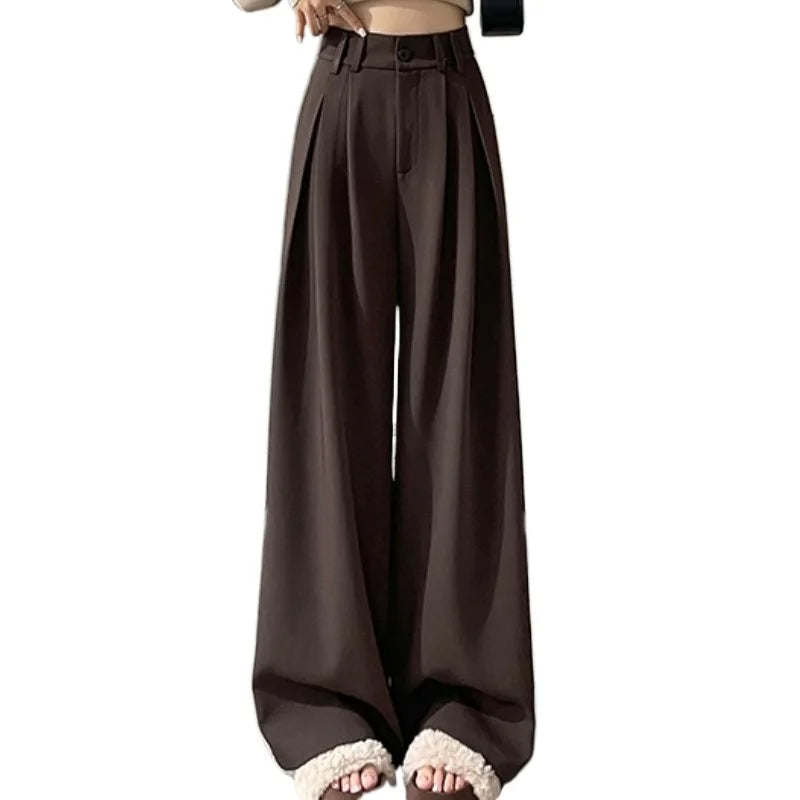 High Waist Autumn Winter Vintage Button Women's Wide Leg Pants 2025 New Loose Solid Korean Straight Full Length Trousers Female