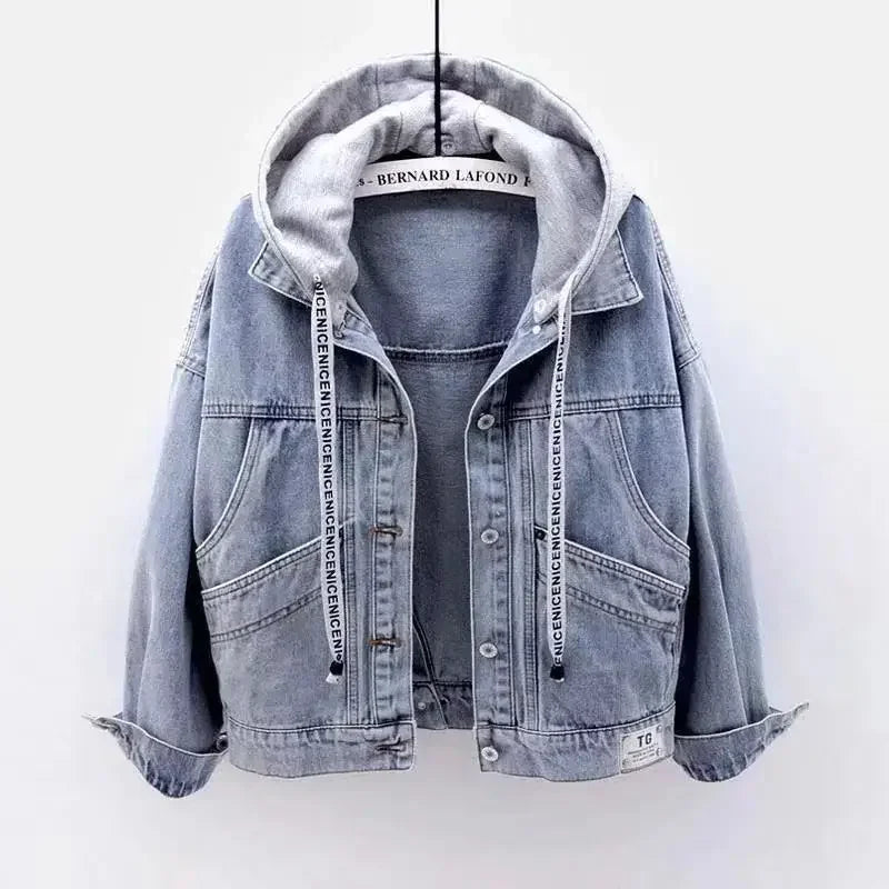 Spring Autumn Long Sleeves Hooded Women Denim Coat Jacket Korean Big Pockets Jean Jacket for Women Fashion Single-breasted Tops