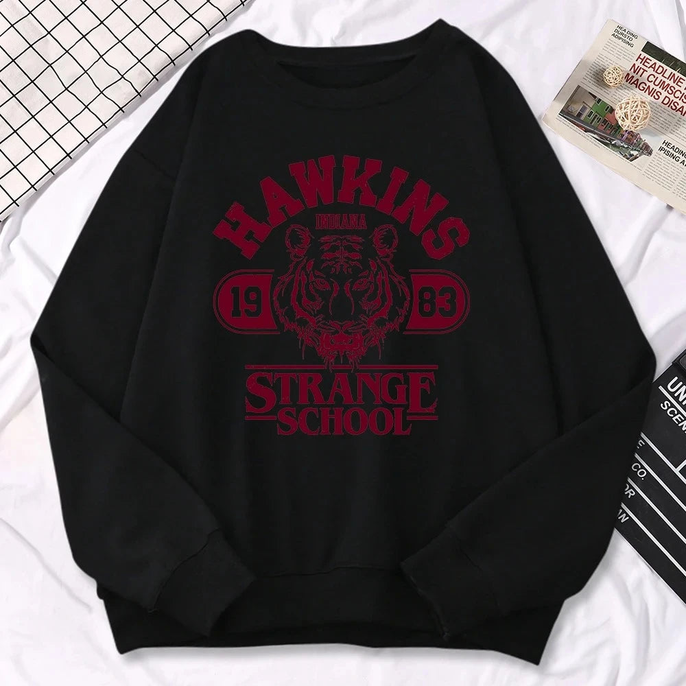 Casual Street Womens Sweatshirt Hawkins High School Indiana 1983 Printing Winter Hoodies Crewneck Pullovers Warm Fleece Clothes