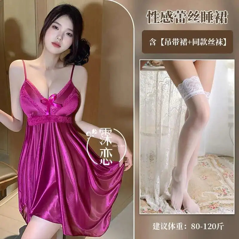 Ice Silk Strap Nightdress Summer Loungewear Mid-Length Nightdress Elegant Lace Sleeveless Couple Mood Uniform Pure Desire ZYAW