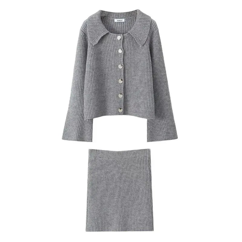Tuularose 2 Piece Knit Dress Sets Casual Lapel Button Cardigan Sweater Slim Knit Skirt Set Loose Elegant Vintage Women Skirt Set