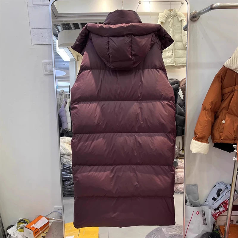 Winter Thick Long Hooded Down Jacket Female Solid Warm Outdoor Parkas Outwears Women White Duck Down Knee Length Down Jackets