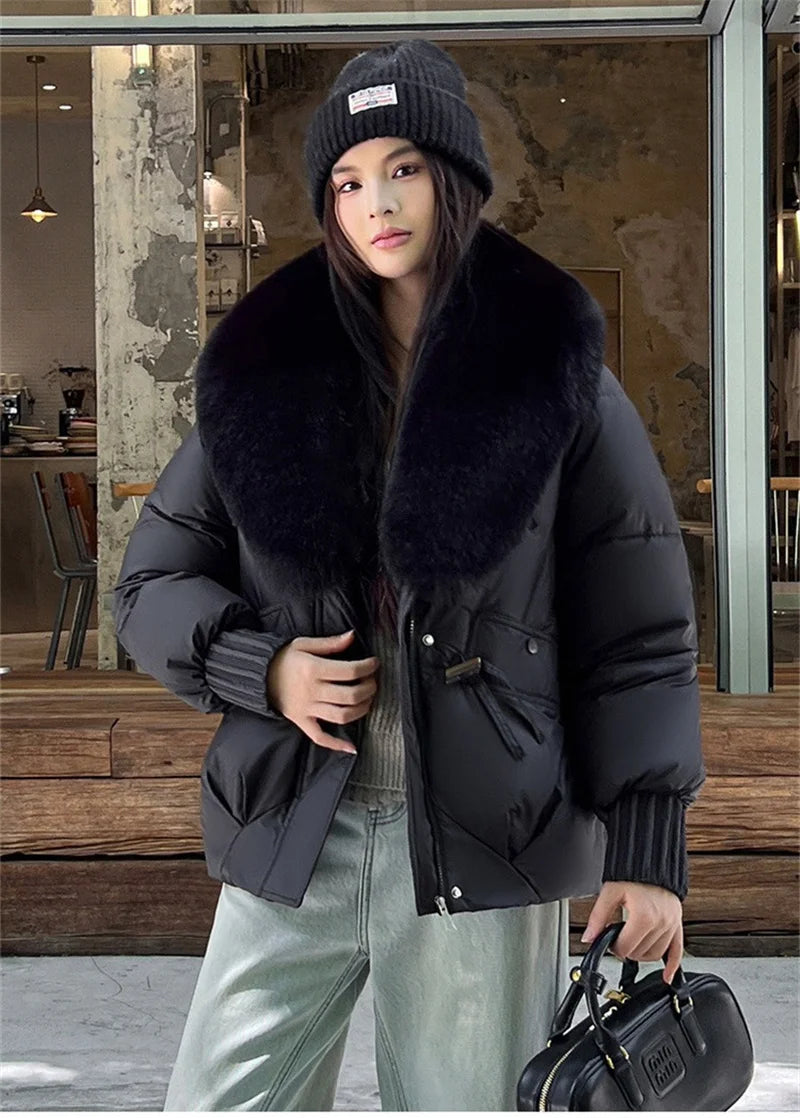 2025 Fashion Big Fur Collar Down Cotton-padded Jacket Women's Short Parkas Winter Streetwear Outerwear Lady Thicken Loose Coats