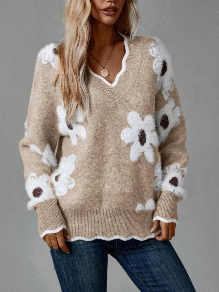 Fashion Jumper Casual Warm Elegant Ladies Pullover New in Autumn Winter Women's Knitted Sweater Lace Collar Long Sleeve Tops
