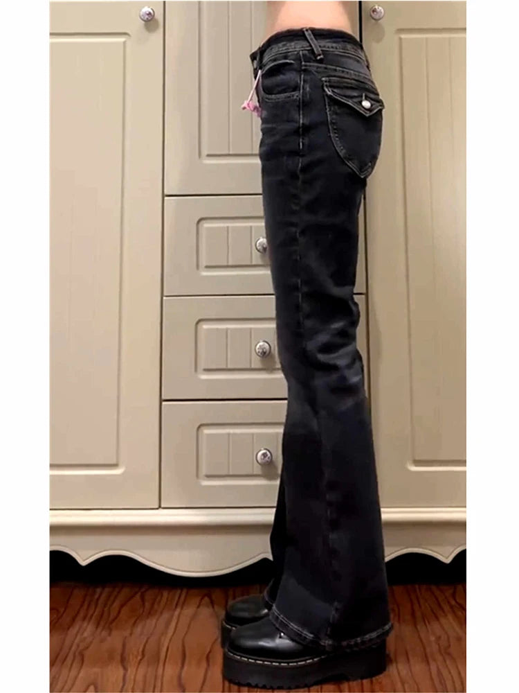 Women's Low Rise Flared Jeans Black Bootcut Jeans American Retro Denim Pants Y2k Japanese 2000s Harajuku Bell Bottom Skinny Jean