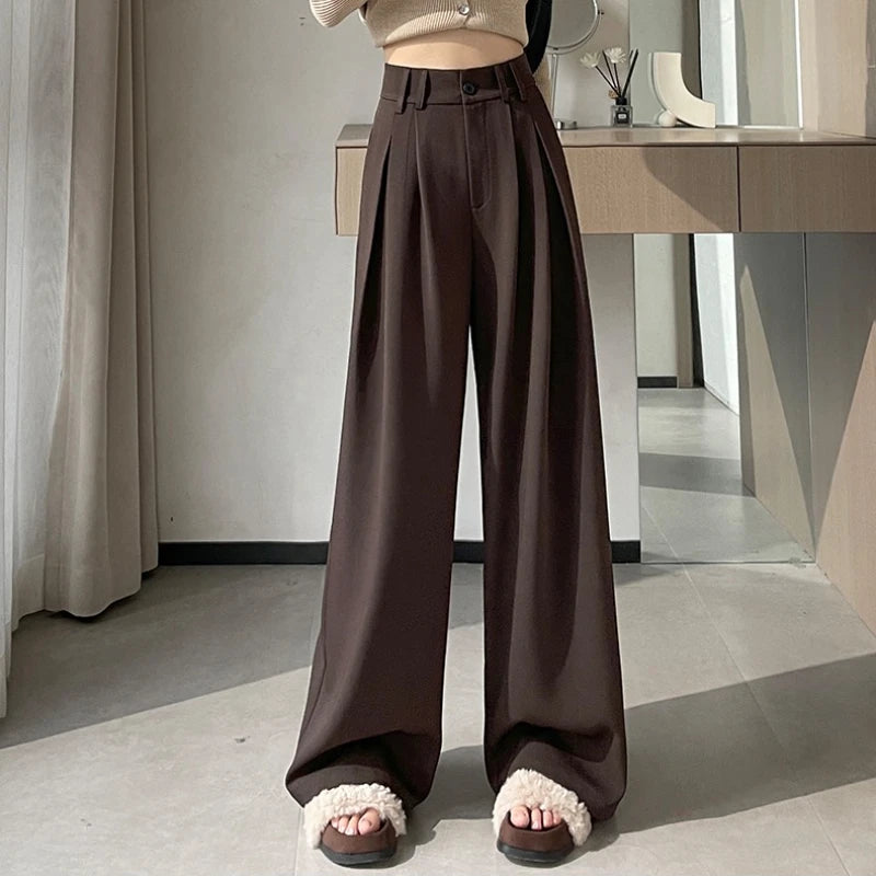 High Waist Autumn Winter Vintage Button Women's Wide Leg Pants 2025 New Loose Solid Korean Straight Full Length Trousers Female