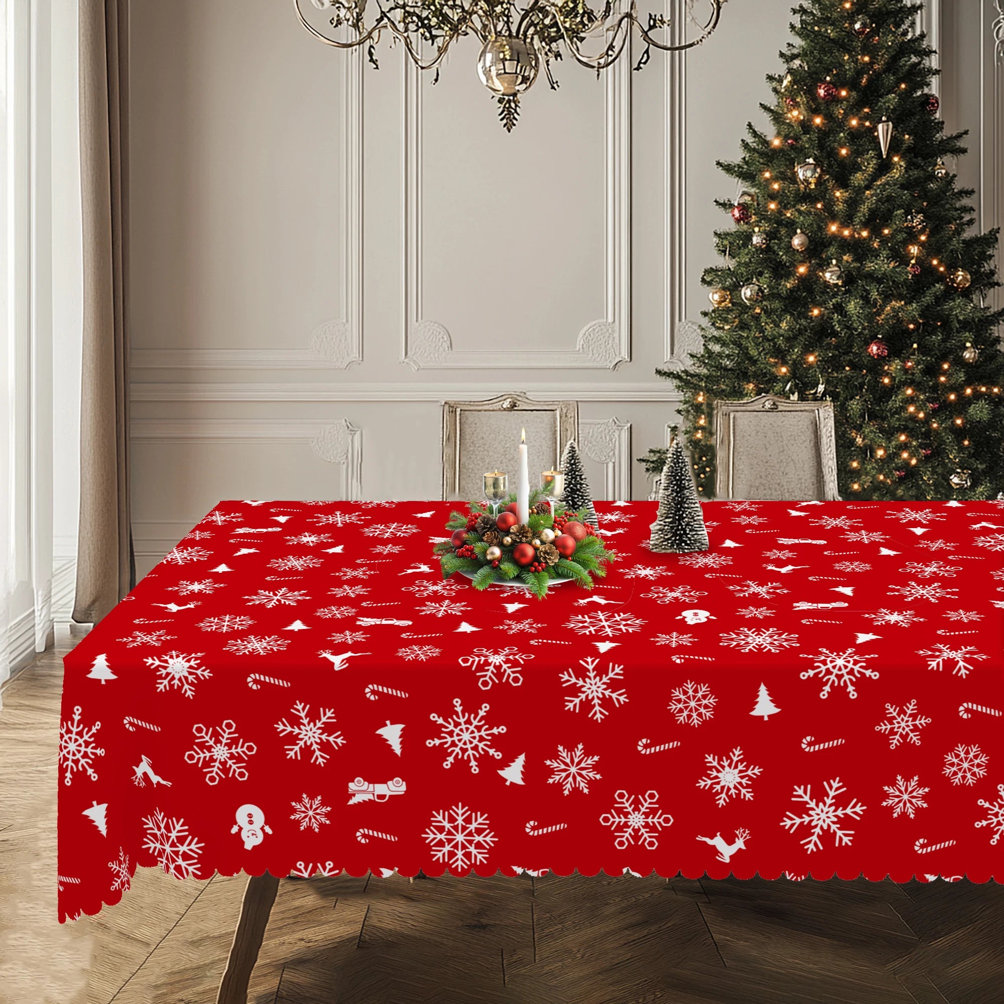1 Piece of Christmas Round and Rectangular Tablecloth, Various Sizes, Christmas Snowflake Exquisite Decorations, Red Tablecloth, Christmas Courtyard Tablecloth Decoration, Suitable for Daily Home Kitchen, Party Use, Tableclot