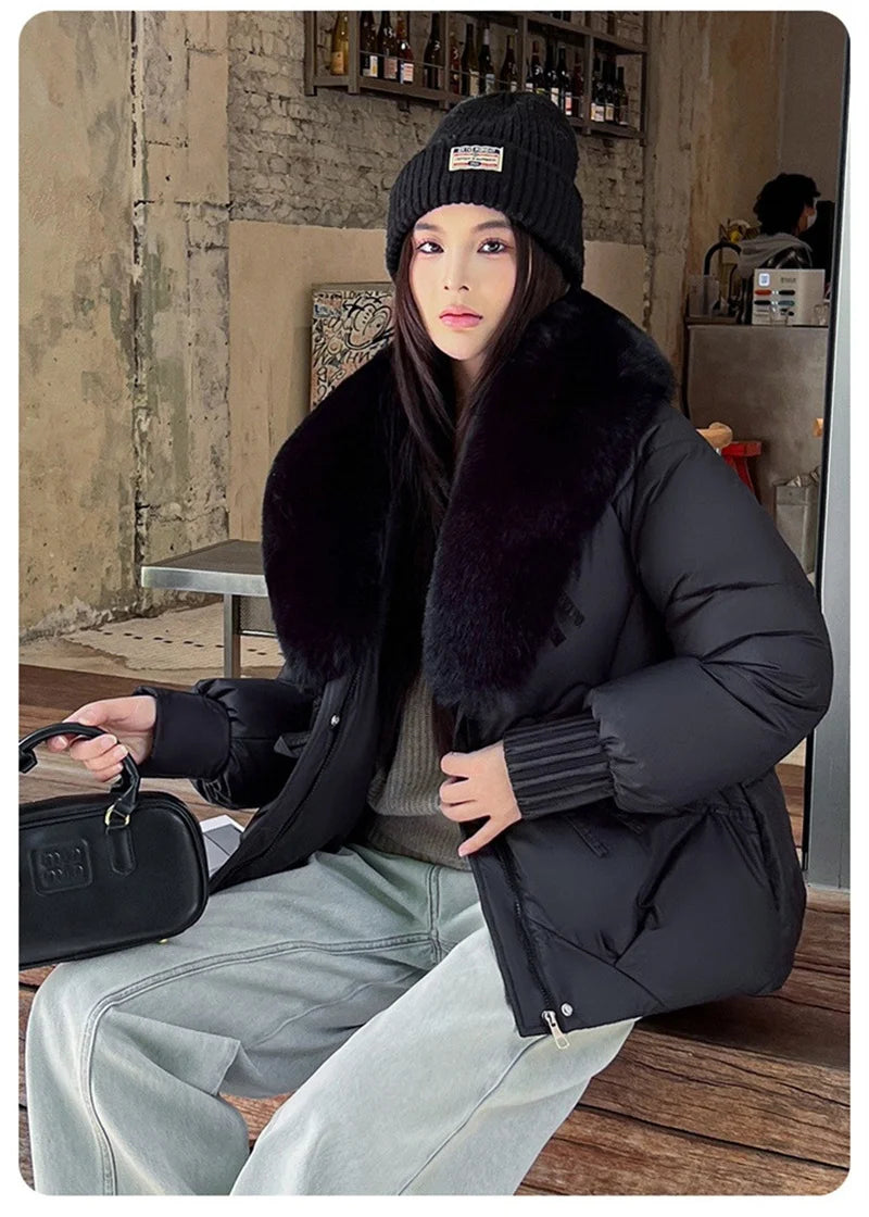 2025 Fashion Big Fur Collar Down Cotton-padded Jacket Women's Short Parkas Winter Streetwear Outerwear Lady Thicken Loose Coats
