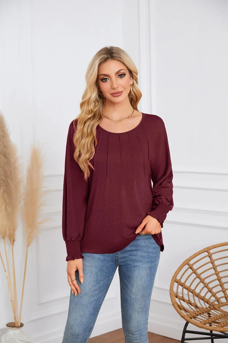 Woman Clothes Solid Color Pleated Top Round Neck Lantern Sleeves Loose Fit Multi Color Options Casual Outings Daily Wear