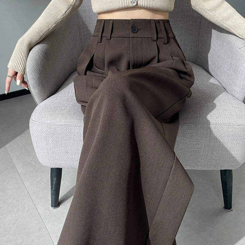 High Waist Autumn Winter Vintage Button Women's Wide Leg Pants 2025 New Loose Solid Korean Straight Full Length Trousers Female