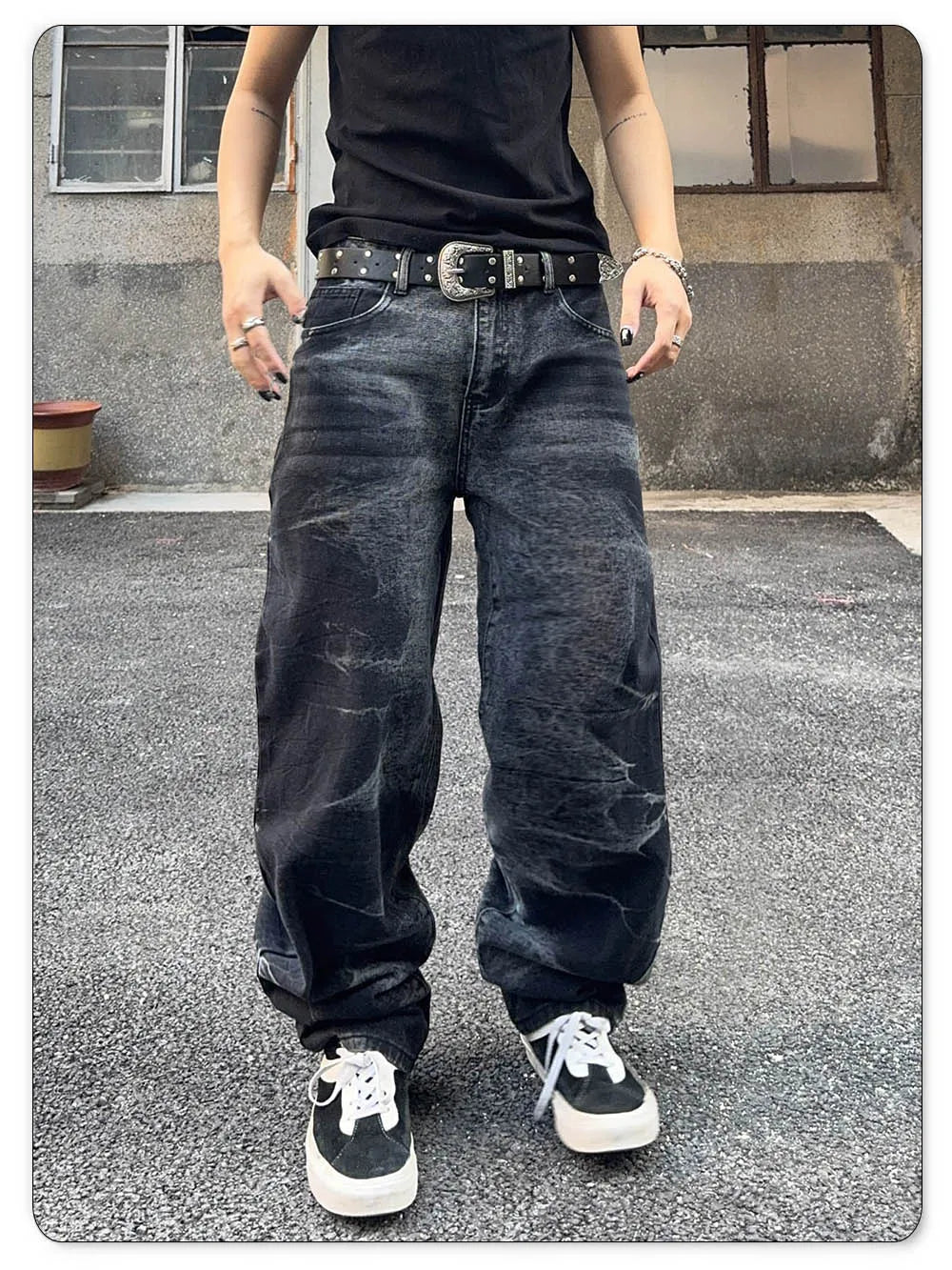 Autumn Men's Black Personalized Straight Leg Retro Jeans American Street Splashed Ink Loose Unisex Denim Pants Trendy Trousers