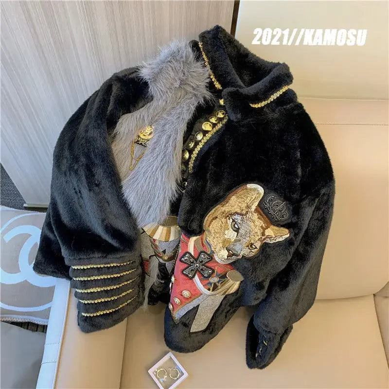 Chic Cartoon Embroidery Faux Mink Fur Faux Leather Spliced Coat Retro Metal Buttons Velvet Jacket OL Furry Cardigan Tops Jaqueta