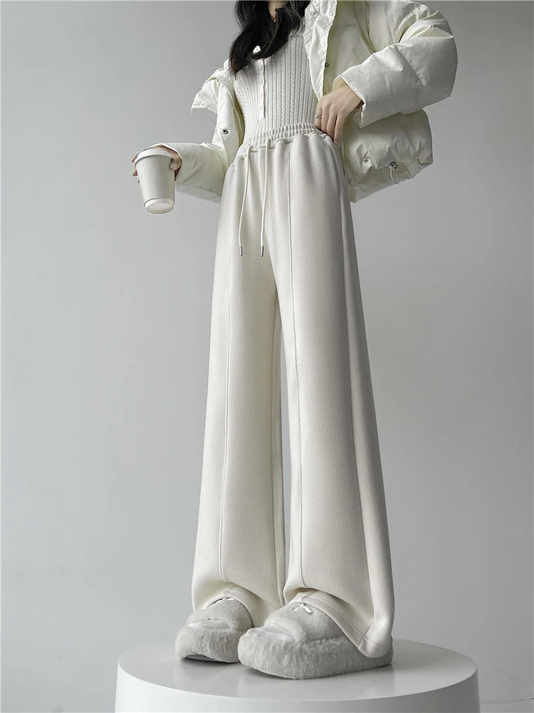 Streamgirl Thick Warm Straight Pants For Women Office Brown Wide Leg Trousers High Waist Women's Loose Pants For Ladies Spring