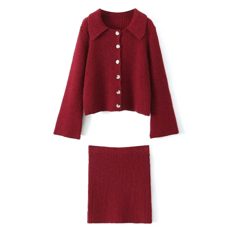 Tuularose 2 Piece Knit Dress Sets Casual Lapel Button Cardigan Sweater Slim Knit Skirt Set Loose Elegant Vintage Women Skirt Set