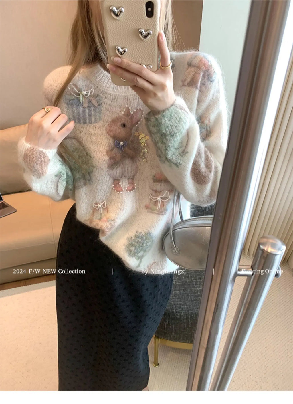 Fashion Rabbit Printed Beaded Sweater Women's Autumn Winter New Soft Glutinous Design Sense Knitted Top Luxury Sequin Sweaters