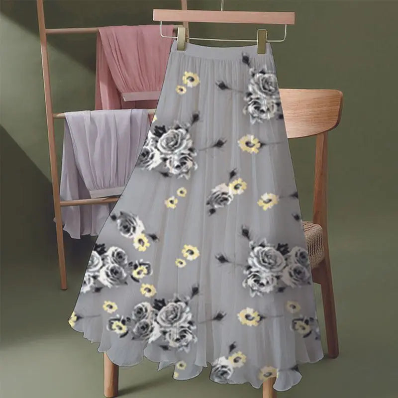 Women's Floral Skirt High Waist Long New 2025 Printed Chiffon Skirt Summer Woman Skirts Mujer Faldas Umbrella Skirt A963