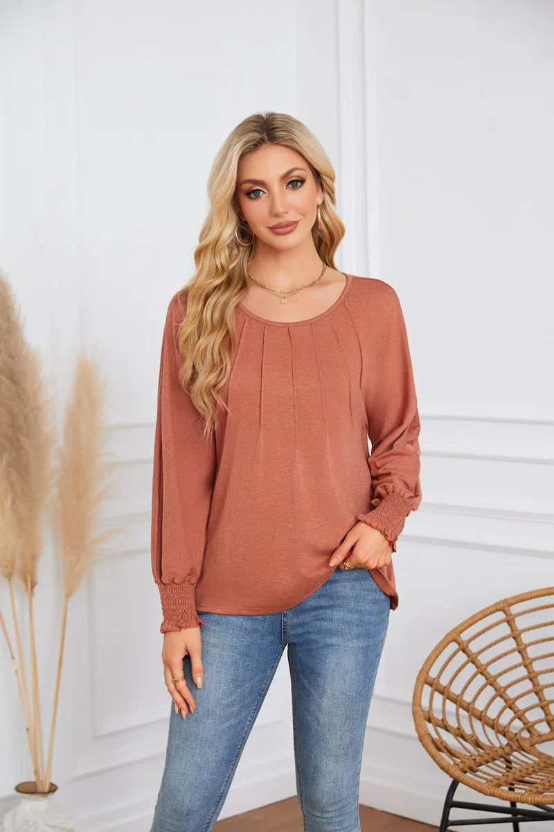 Woman Clothes Solid Color Pleated Top Round Neck Lantern Sleeves Loose Fit Multi Color Options Casual Outings Daily Wear