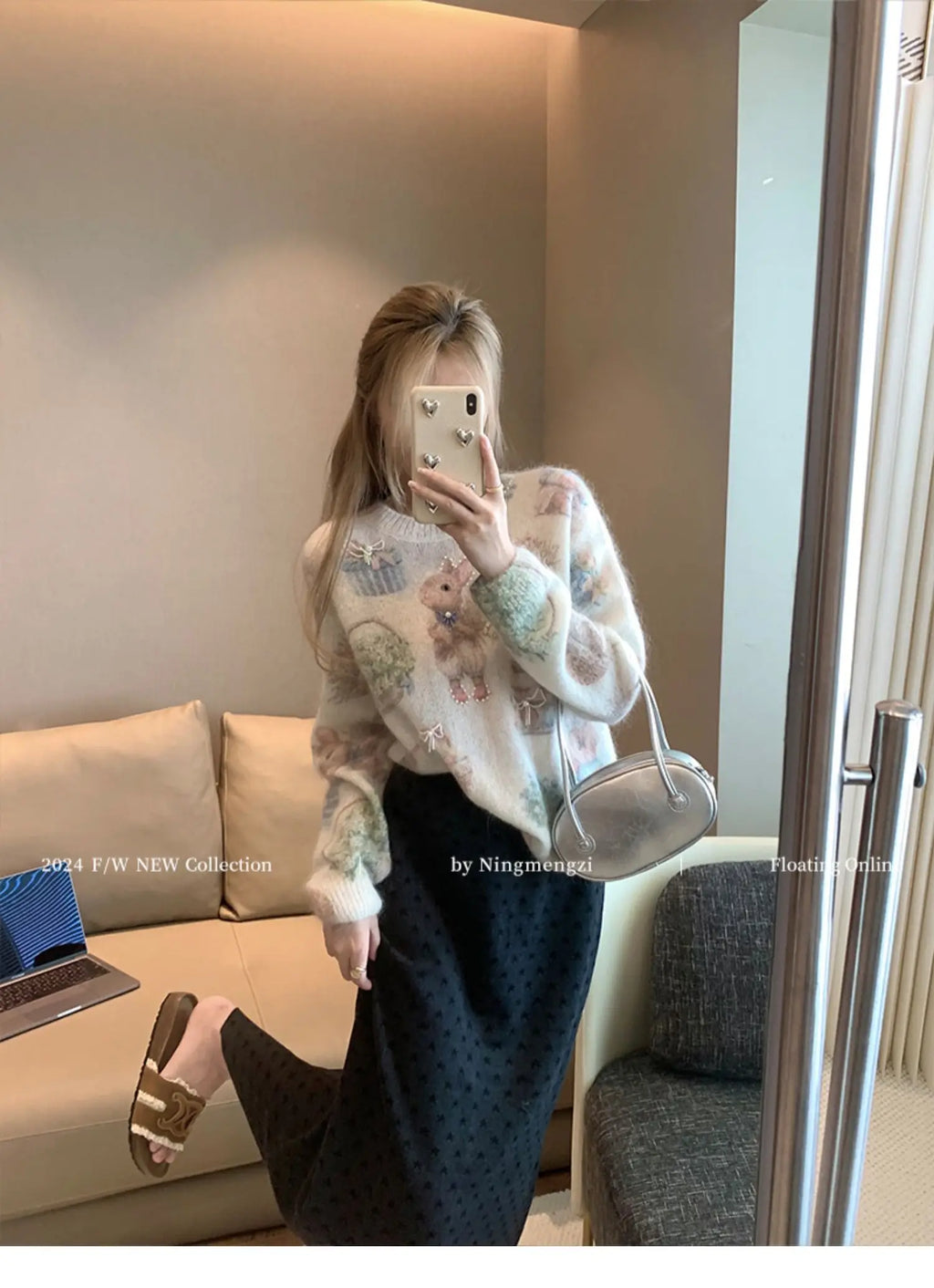 Fashion Rabbit Printed Beaded Sweater Women's Autumn Winter New Soft Glutinous Design Sense Knitted Top Luxury Sequin Sweaters