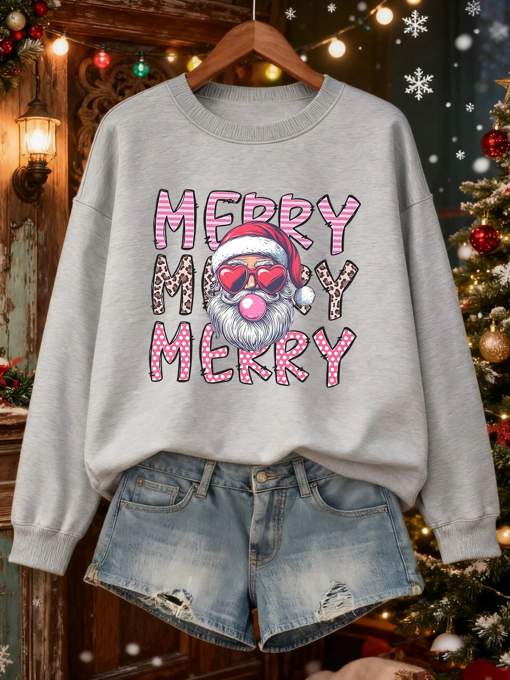Merry Christmas Santa Claus Printed Sweatshirts Women Loose Casual Hoodies Fleece Warm Crewneck Pullover Winter Soft Clothes