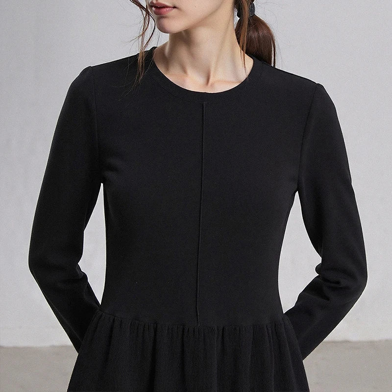 TOYOUTH Women Dresses 2025 Winter New Little Black Dress Spliced Crew-neck Minimalist Base Dresses