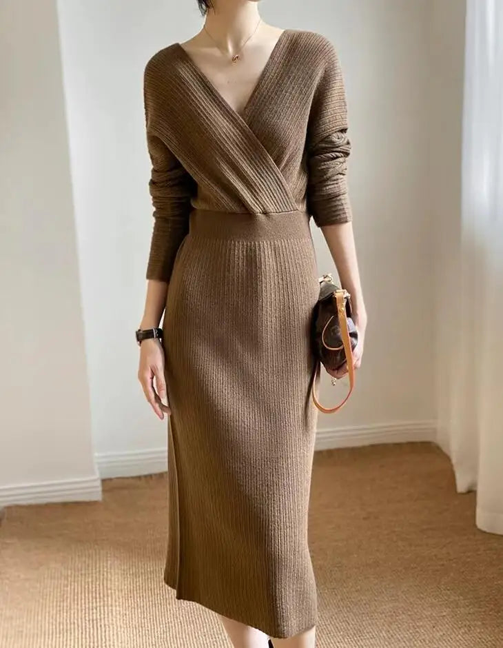 New Autumn/Winter Fashion Long Sleeve V-neck Knitted Solid Color Slim Fit Dress For Women,5 Colors