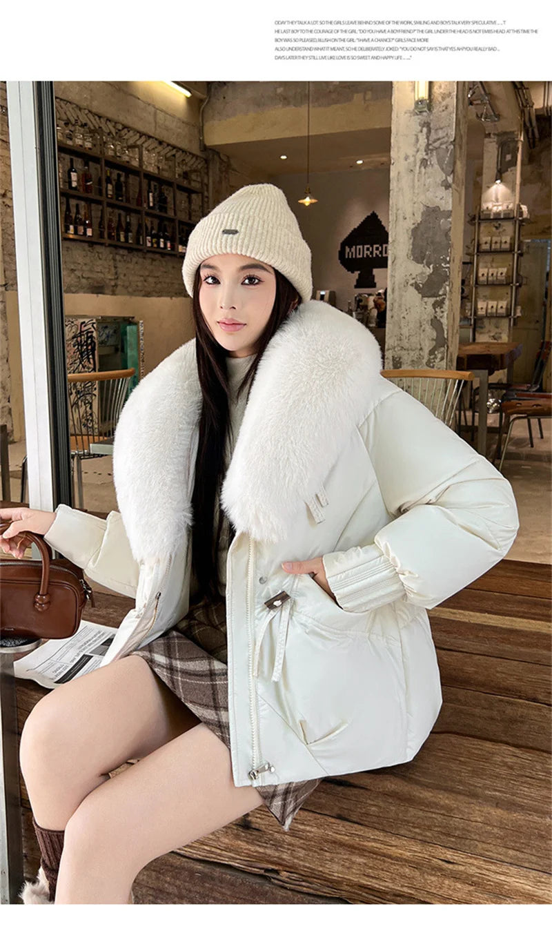 2025 Fashion Big Fur Collar Down Cotton-padded Jacket Women's Short Parkas Winter Streetwear Outerwear Lady Thicken Loose Coats