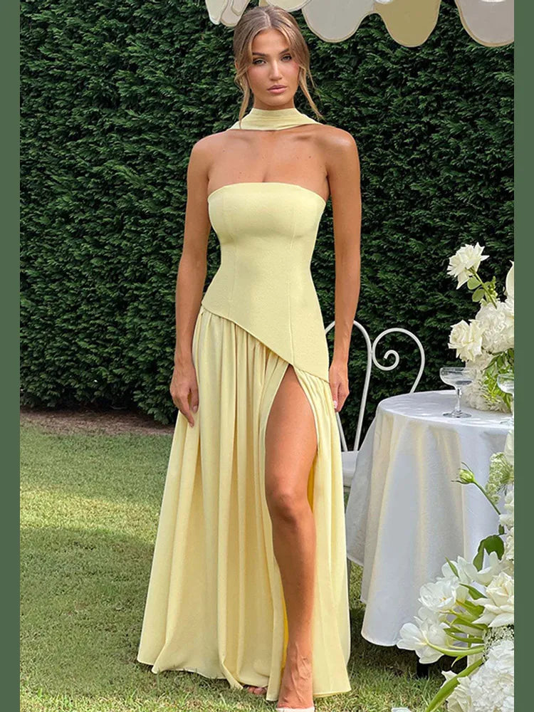 Elegant Ribbon Corset Long Dress Women Strapless High Waist Patchwork Dresses 2025 Summer Yellow Evening Party Wedding Guest New