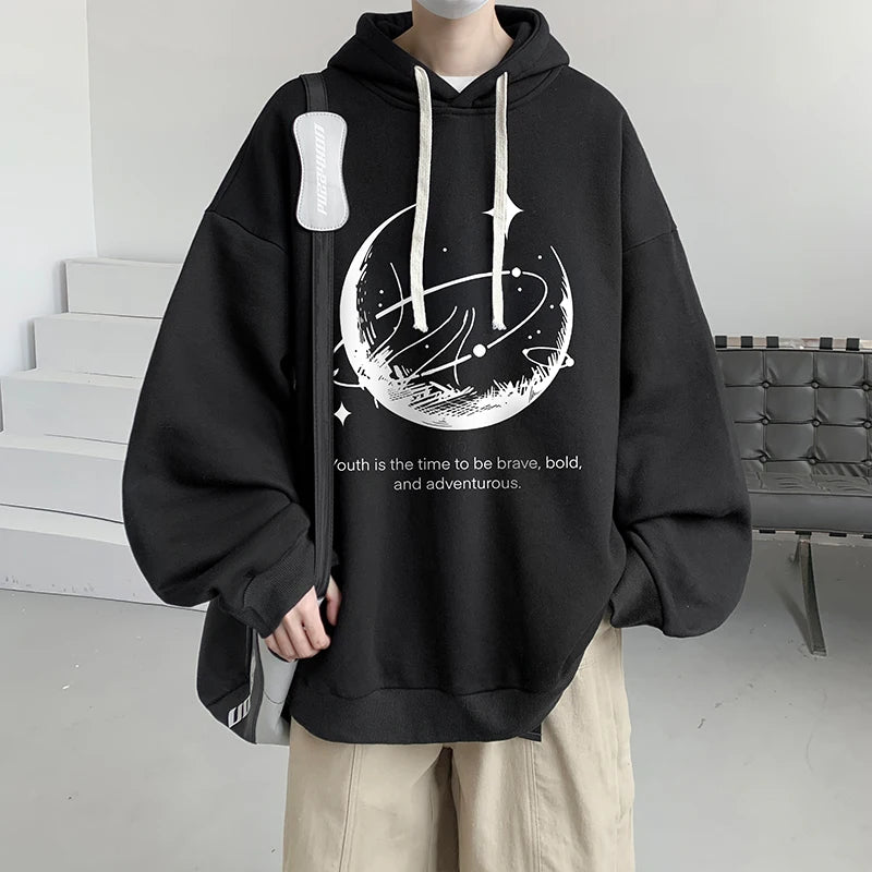 Funny Men's Oversized Hoodie Black 5XL Hoodies with Hat Oversize for Men Moon Print Man Casual Wear Hoody Male Sweatshirt