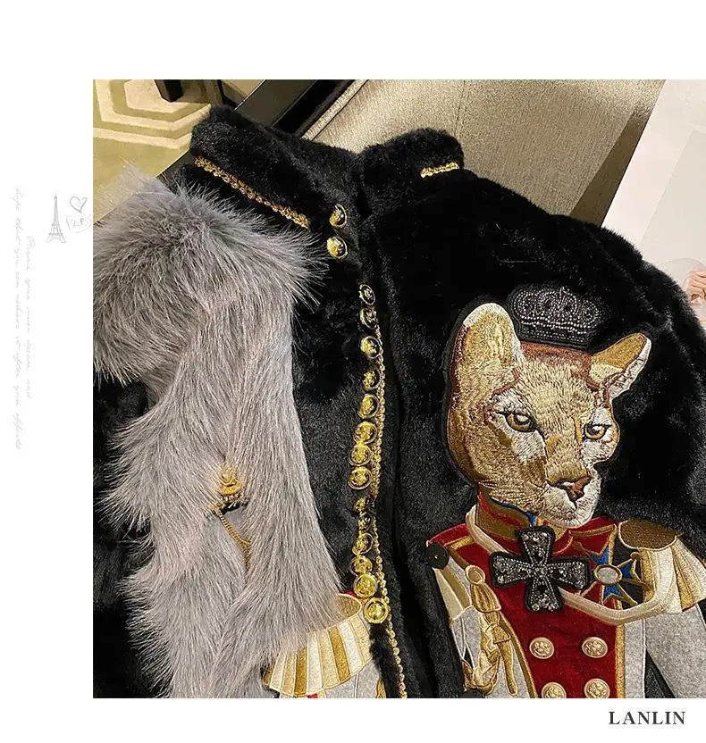 Chic Cartoon Embroidery Faux Mink Fur Faux Leather Spliced Coat Retro Metal Buttons Velvet Jacket OL Furry Cardigan Tops Jaqueta