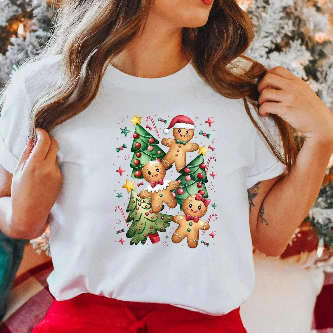 Christmas Gingerbread Shirt Short Sleeve Round Neck Casual Top Washable Holiday Party Tee for Women, Gnome Gift