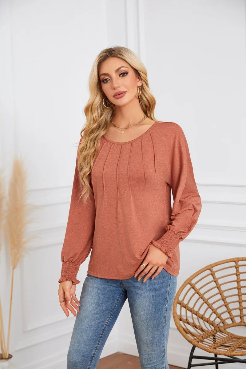 Woman Clothes Solid Color Pleated Top Round Neck Lantern Sleeves Loose Fit Multi Color Options Casual Outings Daily Wear