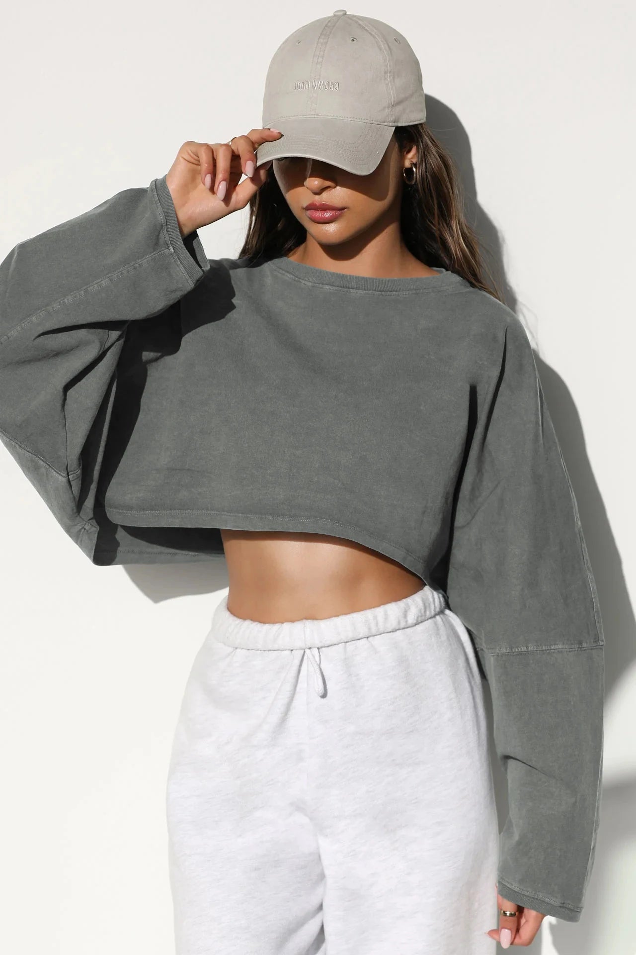 Crop neck hoodie short sports base shirt T-shirt knit shirt long sleeve top for women