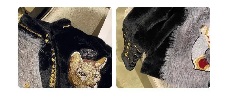 Chic Cartoon Embroidery Faux Mink Fur Faux Leather Spliced Coat Retro Metal Buttons Velvet Jacket OL Furry Cardigan Tops Jaqueta