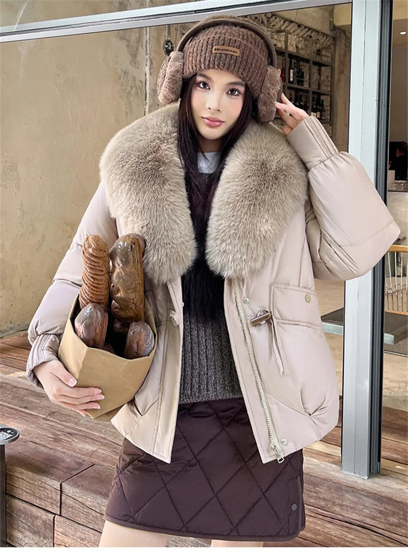 2025 Fashion Big Fur Collar Down Cotton-padded Jacket Women's Short Parkas Winter Streetwear Outerwear Lady Thicken Loose Coats