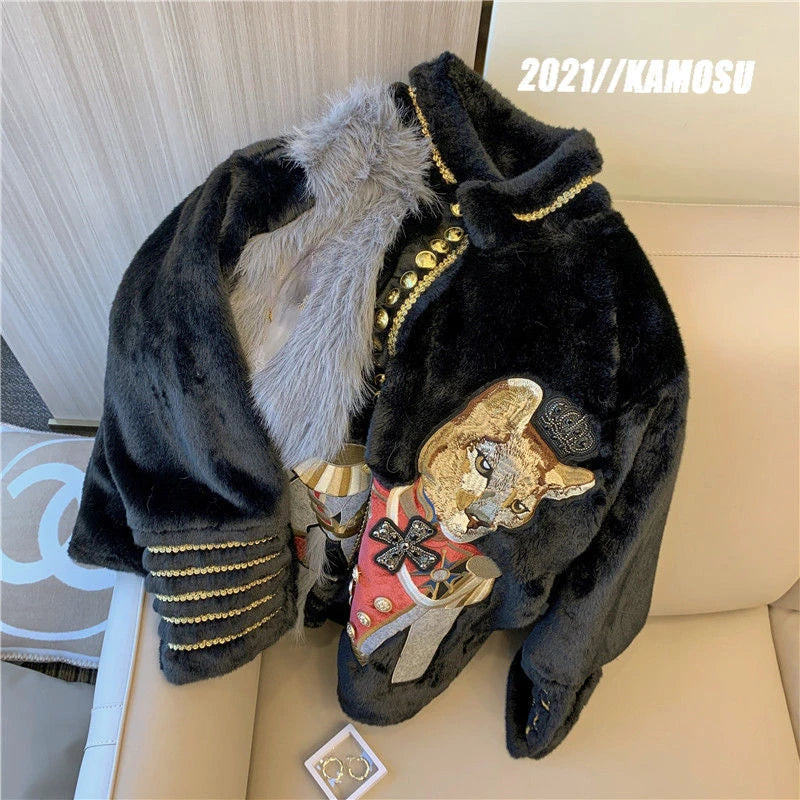 Chic Cartoon Embroidery Faux Mink Fur Faux Leather Spliced Coat Retro Metal Buttons Velvet Jacket OL Furry Cardigan Tops Jaqueta