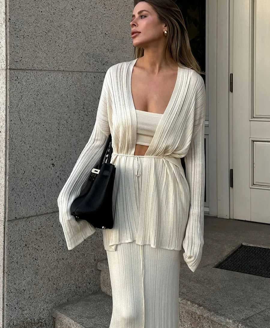 Vest Sweater 3-piece SetWomen's Minimalist Autumn Winter Knit Set Cardigan Camisole Skirt Loose Design Solid Color