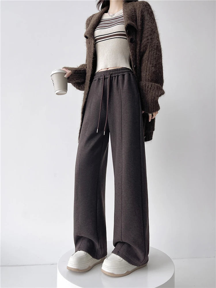 Streamgirl Thick Warm Straight Pants For Women Office Brown Wide Leg Trousers High Waist Women's Loose Pants For Ladies Spring