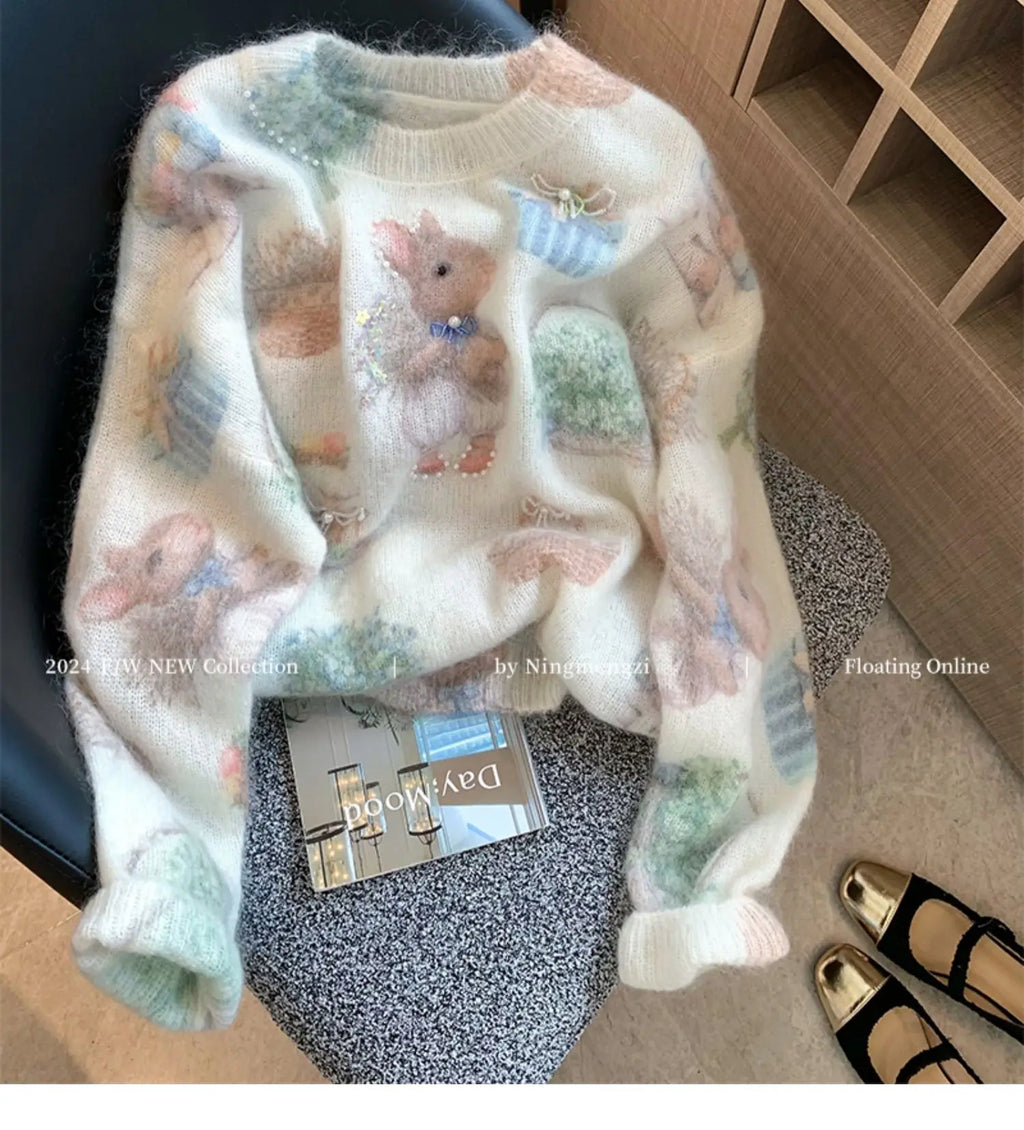 Fashion Rabbit Printed Beaded Sweater Women's Autumn Winter New Soft Glutinous Design Sense Knitted Top Luxury Sequin Sweaters